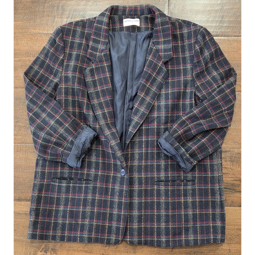 VTG Y2K Gothic Prep School 100% Wool Plaid Blazer Jacket Navy Burgundy USA S 20